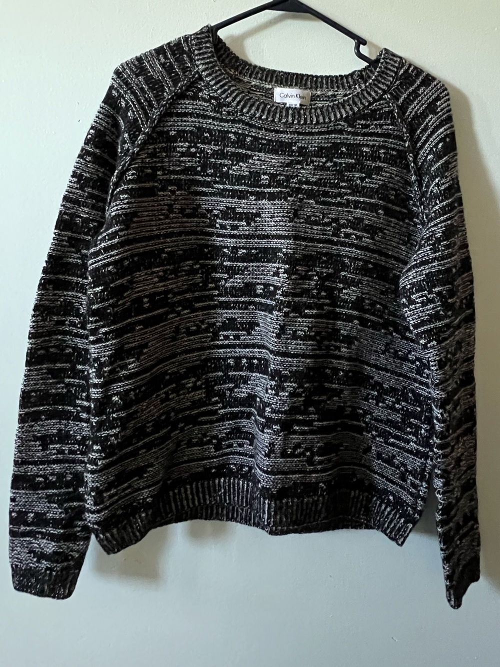 Calvin Klein Black & Gray Patterned Crewneck Wool Knit Sweater